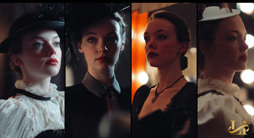 A four-panel grid showcasing a woman in different period costumes and dramatic makeup. Each portrait captures her intense gaze and versatile acting across various roles.
