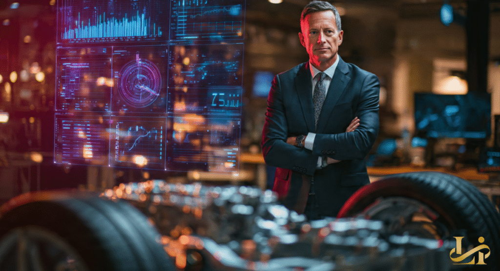 A confident executive in a suit stands with arms crossed, overseeing a high-tech automotive factory. Holographic data displays show complex manufacturing processes and vehicle components.