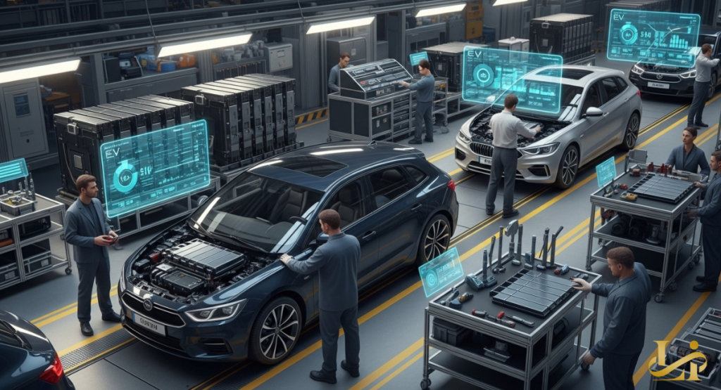 Modern electric vehicles on an assembly line in a high-tech factory with workers and holographic EV diagnostics.