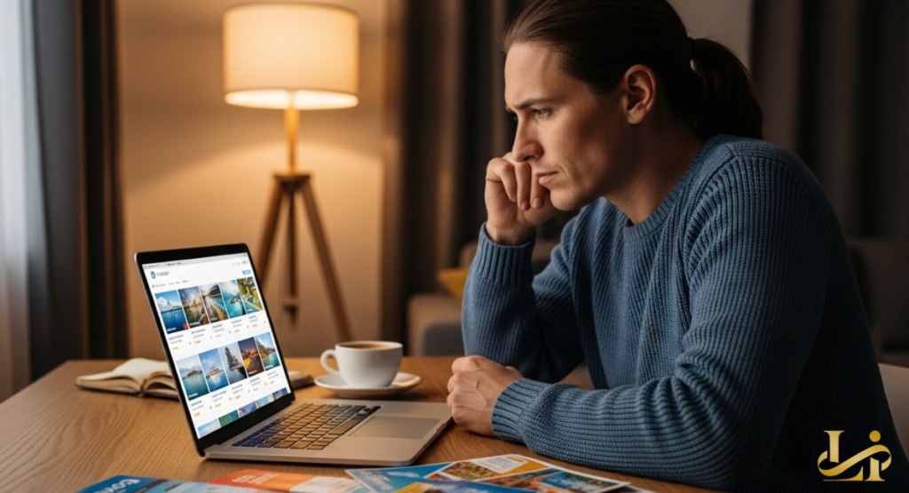 A person in a blue sweater sits at a wooden table, resting their chin on their hand while browsing cruise options on a laptop.