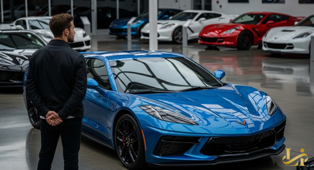 Man standing in a showroom looking at a blue Corvette surrounded by other models. Glossy floor reflects cars in red, white, and blue under bright lights.