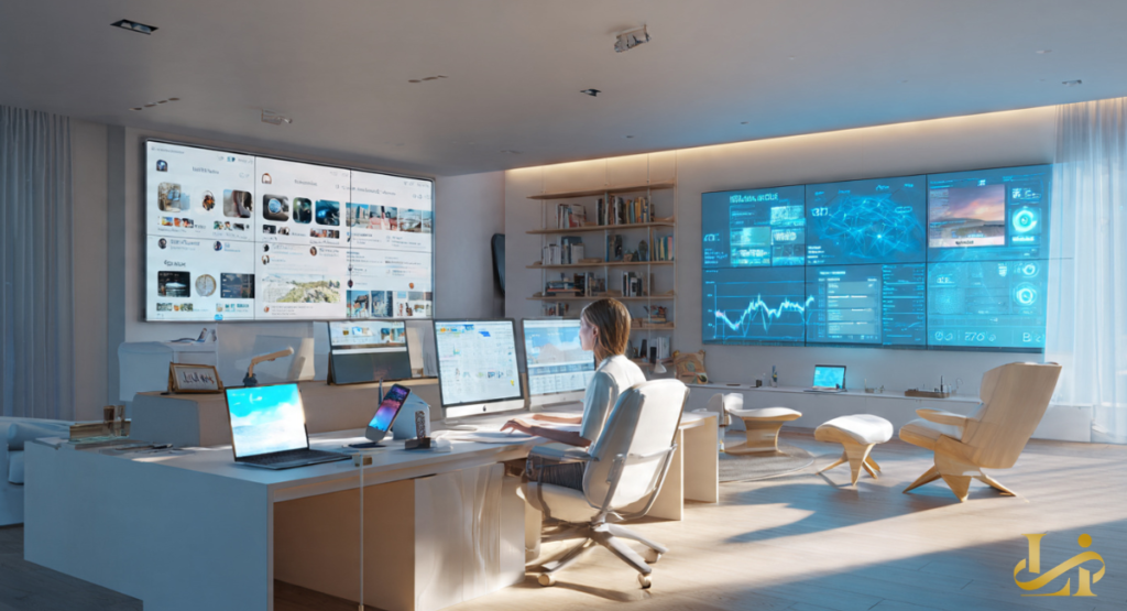 A grid of digital screens displays magazine covers and social posts centered on Cindy Crawford in a black blazer.