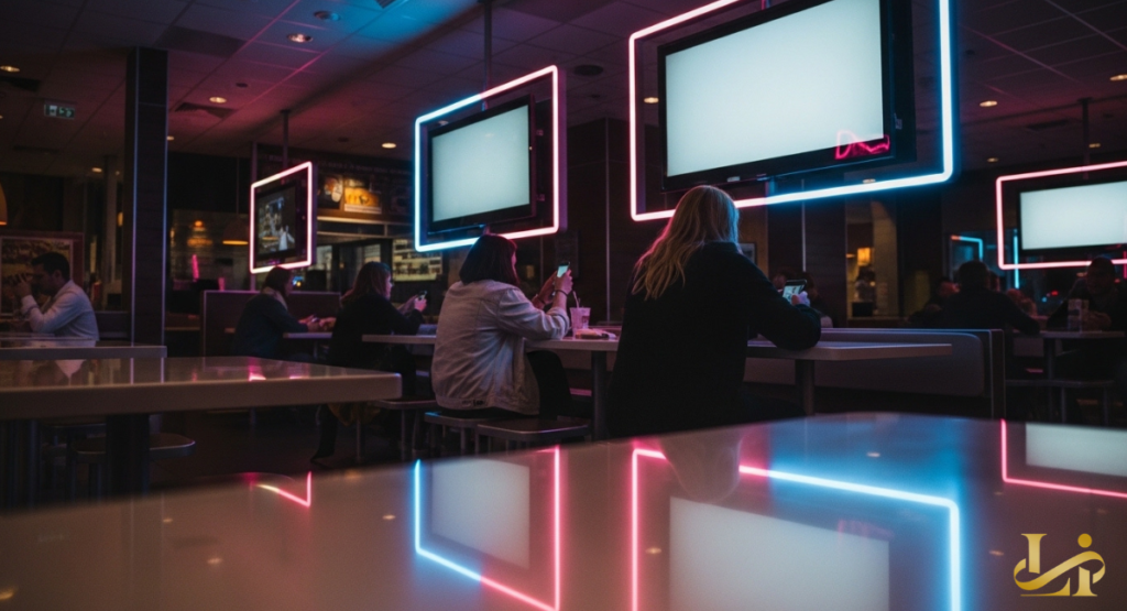 Dim dining room with tables and booths beneath suspended screens outlined by pink and blue neon.