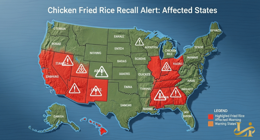A map of the United States displaying states highlighted in red, indicating areas impacted by a Chicken Fried Rice Recall alert. Warning symbols are placed within several highlighted states, marking locations with reported issues.