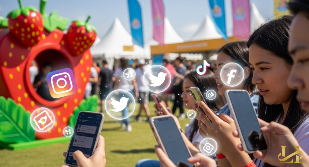 Young people at an outdoor festival are engrossed in their smartphones, with social media icons like Instagram, TikTok, and Facebook floating above their devices.