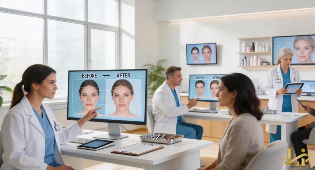 Clinic consultation showing a doctor pointing to a monitor labeled “BEFORE → AFTER” with a patient seated.