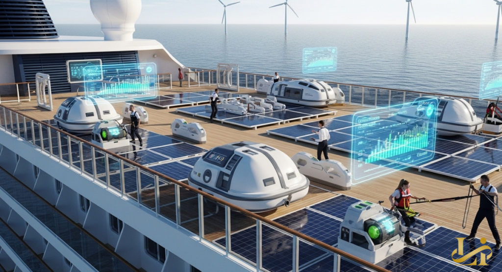 Solar panels cover the top deck while crew demonstrate advanced safety and energy systems. Offshore wind turbines spin on the horizon beyond futuristic lifeboats.