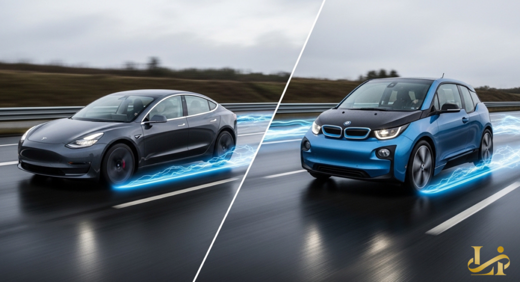Split-screen comparison of two electric cars racing on a wet track with blue energy trails under the wheels. Gray sedan on the left and blue compact hatchback on the right are separated by a diagonal line.