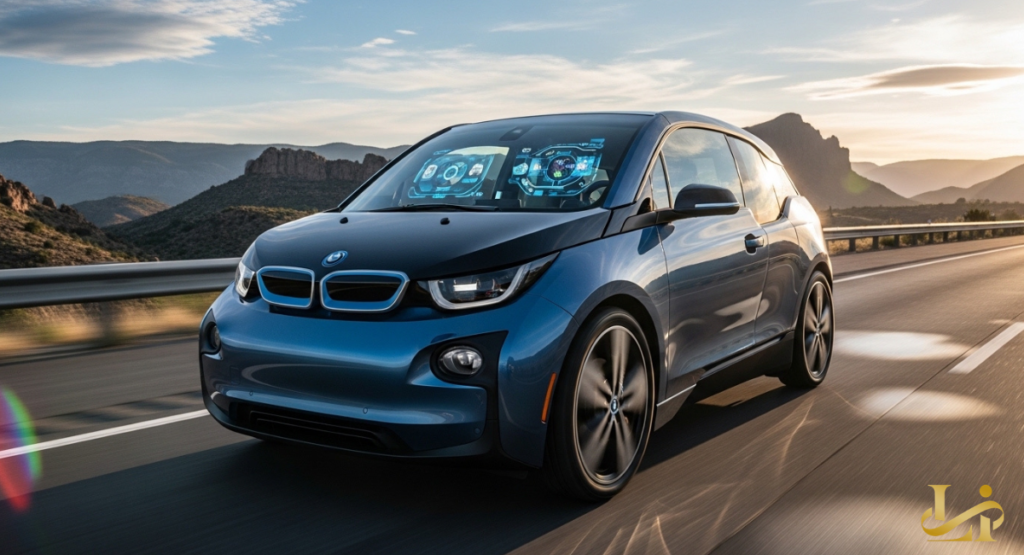 Blue BMW i3 driving on a desert highway at sunset with digital HUD graphics on the windshield. Mountains and open sky stretch behind the compact electric hatchback.