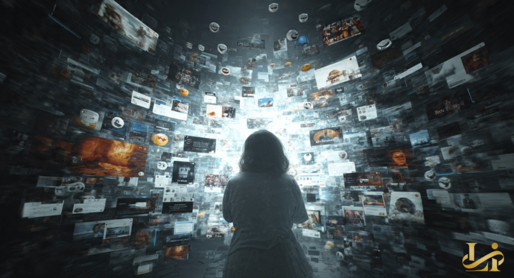 A person stands in a digital tunnel surrounded by a swirling vortex of social media posts and emojis. The overwhelming visual symbolizes the immersive and sometimes toxic nature of online content.