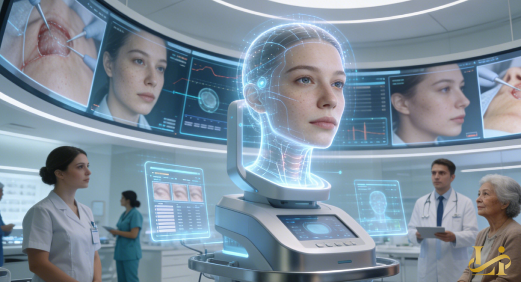 Futuristic clinic featuring a holographic head projection above a scanning device with curved screens. Doctors and staff observe while surgical imagery and data readouts fill the background displays.