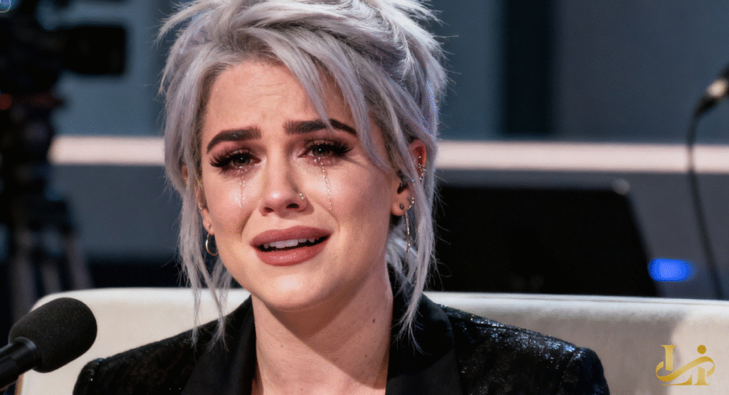 A woman with short, light purple hair and dramatic makeup cries openly, tears welling in her eyes. She sits at a table with a microphone, her vulnerability apparent during a candid interview.
