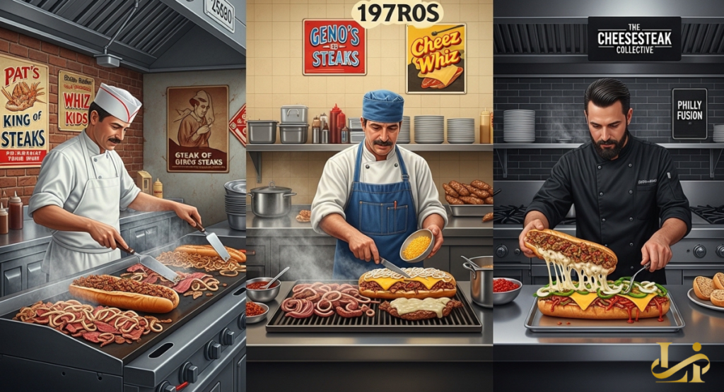 Three chefs across eras prepare cheesesteaks on flat-top grills from classic Pat’s counter to a modern kitchen.