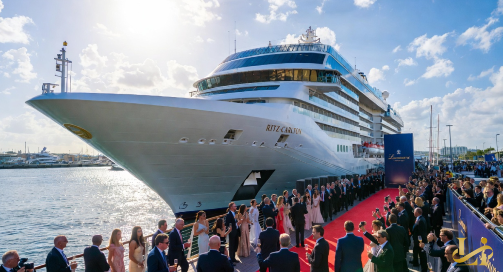 A majestic Ritz Carlton Cruise ship, the Luminara, is launched with a grand red carpet event. Numerous elegantly dressed guests and photographers line the pier, celebrating the luxury liner.