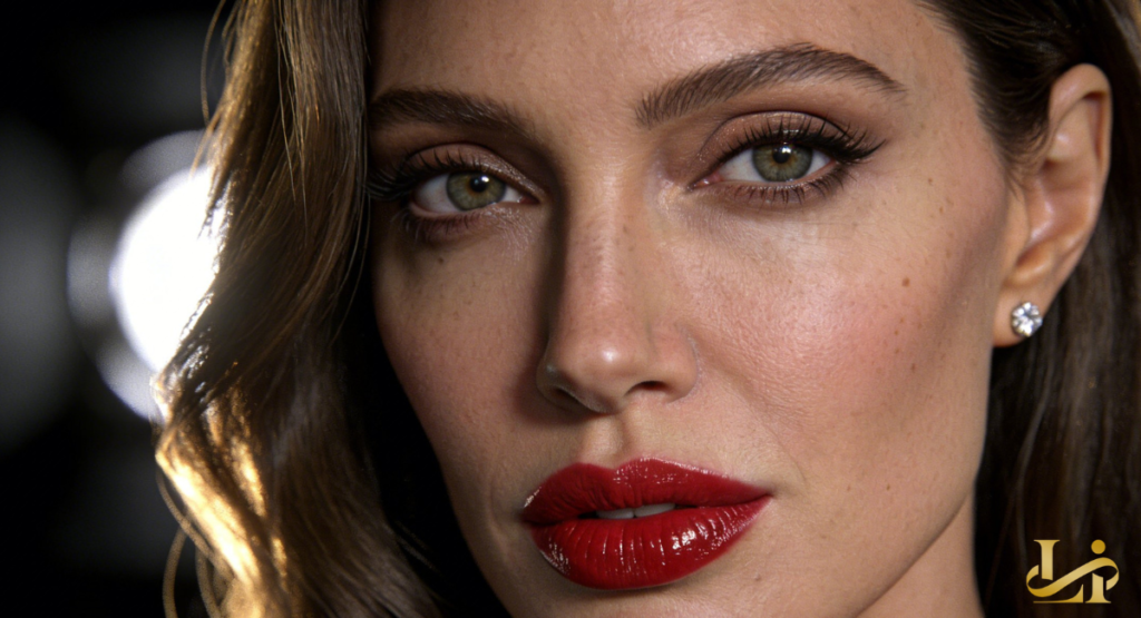 Close-up of a woman’s face featuring glossy red lips and defined eyes. A diamond stud earring catches light against softly blurred studio backgrounds.