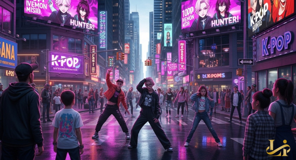 Neon billboards light up a busy city intersection as three dancers perform in the street. Crowds gather to watch beneath towering screens flashing K-pop and “Hunter” graphics.