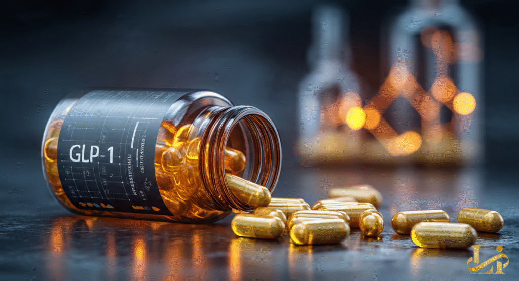 A dark glass bottle labeled "GLP-1" spills golden capsules onto a textured surface in a dimly lit setting. The pharmaceutical imagery highlights the medical aspect of weight loss medications.