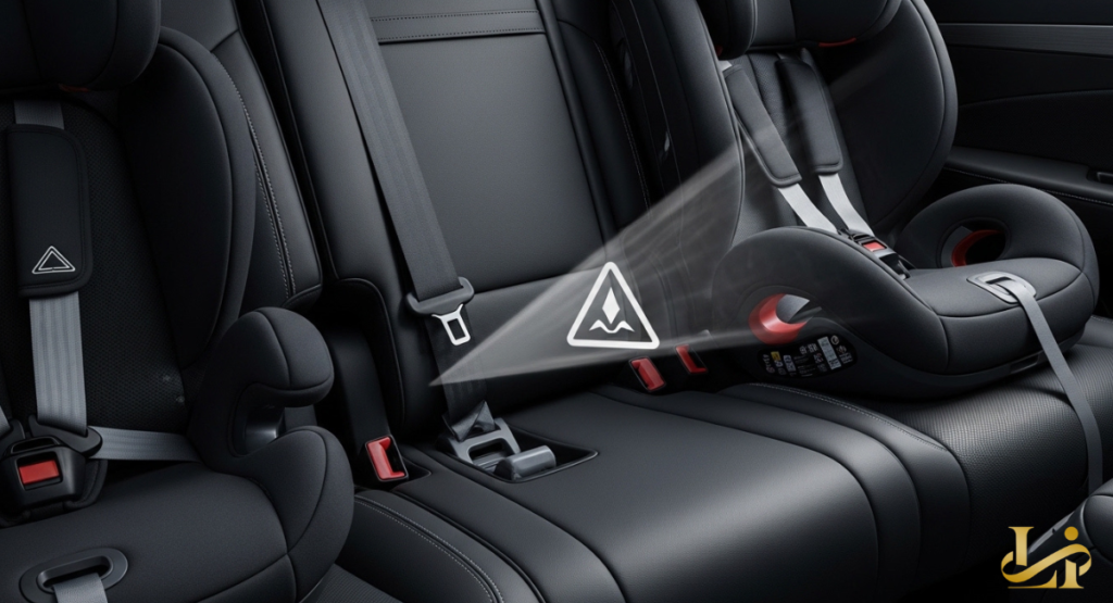 Close-up of a vehicle’s black leather rear seat with a child safety seat installed and a warning icon overlay. The image highlights the rear seat latch and belt area.