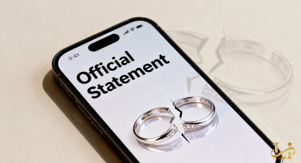A smartphone screen displays an "Official Statement" about a relationship, with a broken wedding ring symbol. The image indicates news or clarification regarding a couple's marital status or a separation.