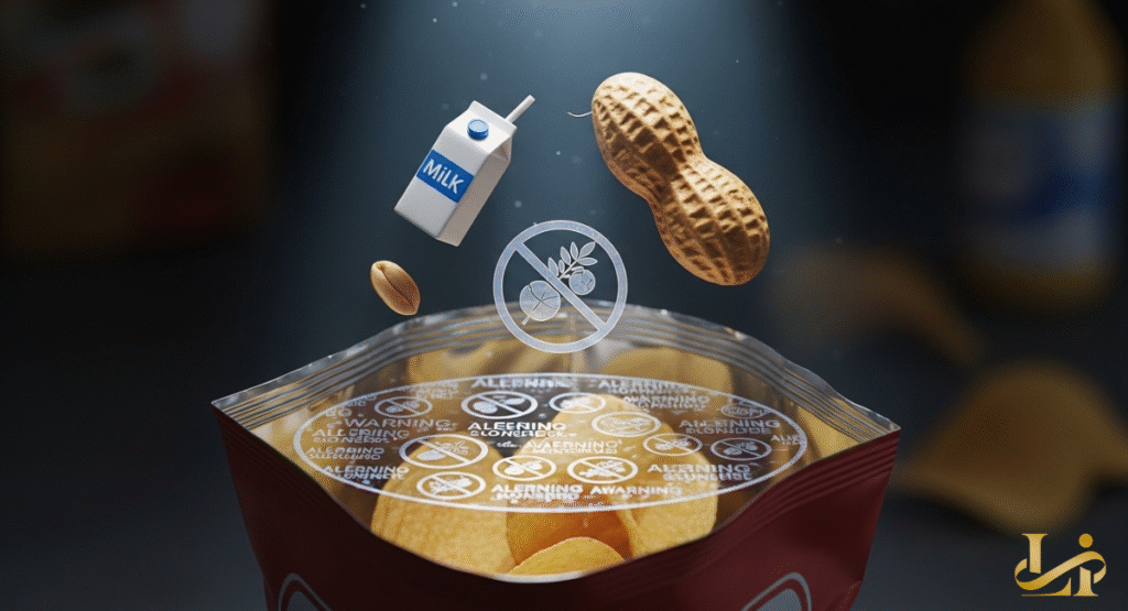 potato chip bag with milk and peanut icons floating above it, along with a "no allergens" symbol. This visual represents an undeclared allergen inside the chips, indicating a serious recall risk.
