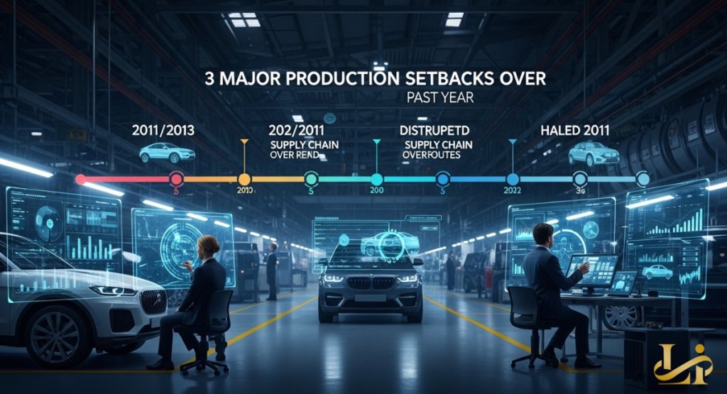 News anchors discussing Jaguar Land Rover updates, production suspensions, and supply chain issues in a professional TV studio.
