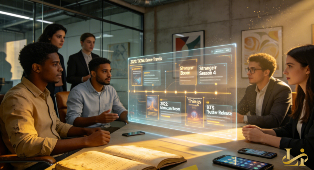 Professionals in a modern meeting room analyzing a holographic timeline of cultural trends and viral moments.