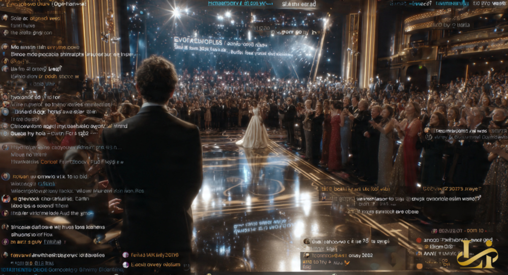 A packed theater rises in applause as a figure in white stands on the distant stage.
