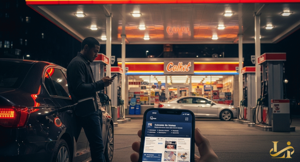 A person holds a smartphone displaying a map application showing nearby gas stations and prices. A man in the background fuels his car at a dimly lit gas station, looking at his own phone.