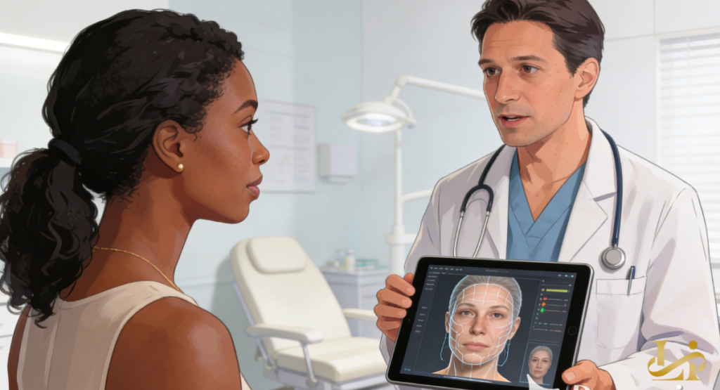 Illustrated doctor holds a tablet displaying facial mapping while speaking with a patient in an exam room. A treatment chair and lamp appear in the softly lit background with a gold monogram.