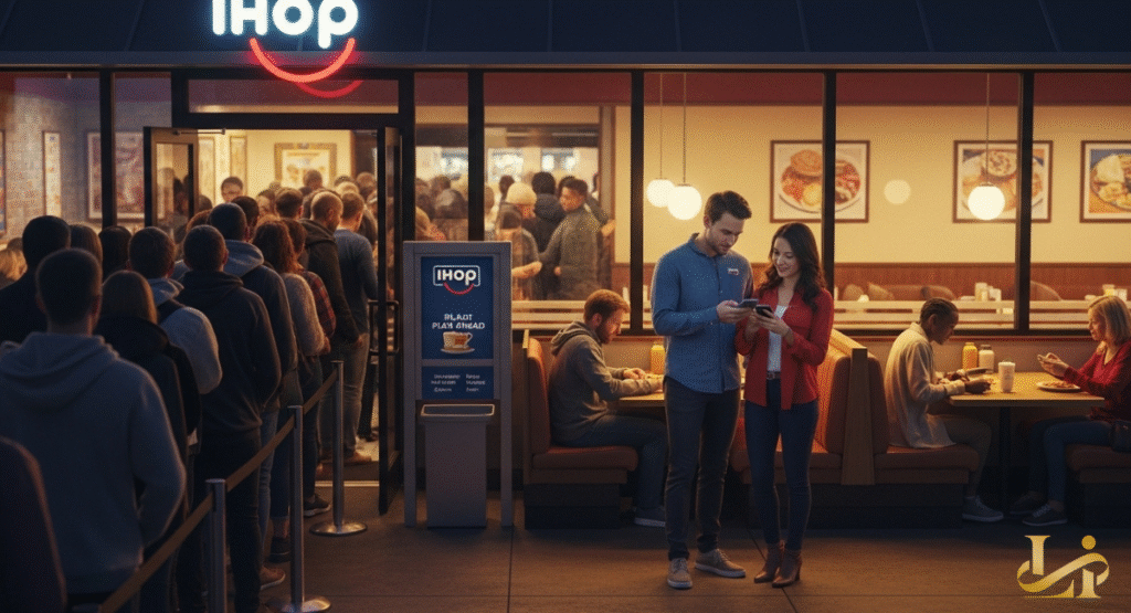 A long line of people waiting outside an restaurant at night, looking at their phones. A couple at the front uses a mobile app, suggesting a strategy to skip the queue.