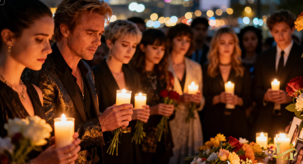 A line of mourners holds candles at dusk beside a memorial of flowers. Framed photos rest among roses as city lights blur in the background.