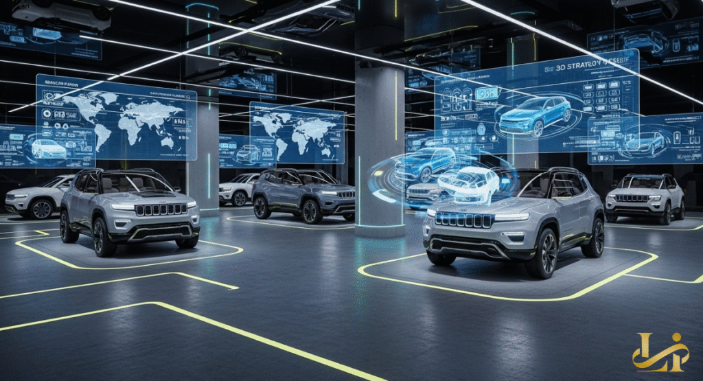 A futuristic showroom filled with various models of the Jeep brand, some highlighted with holographic displays. Digital screens on the walls show world maps and strategic data for upcoming vehicle lines.