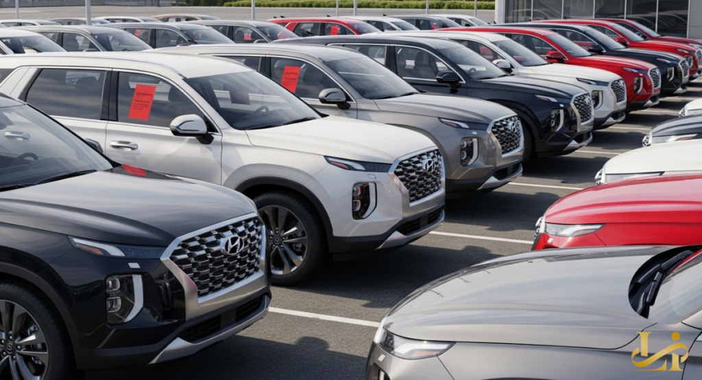 Rows of unsold SUVs in a dealership lot, many with red stop-sale notices on windshields. Vehicles are lined up in neutral colors under bright daylight.