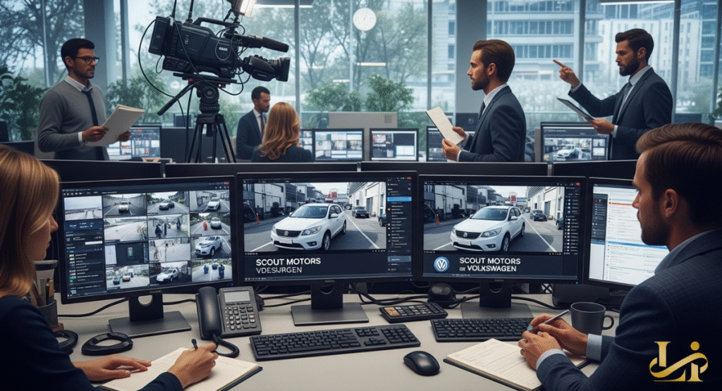 A busy media control room monitors video feeds and news coverage of the Volkswagen-Scout Motors dispute. Screens display a white car, news headlines, and camera feeds from various angles, alongside editors.