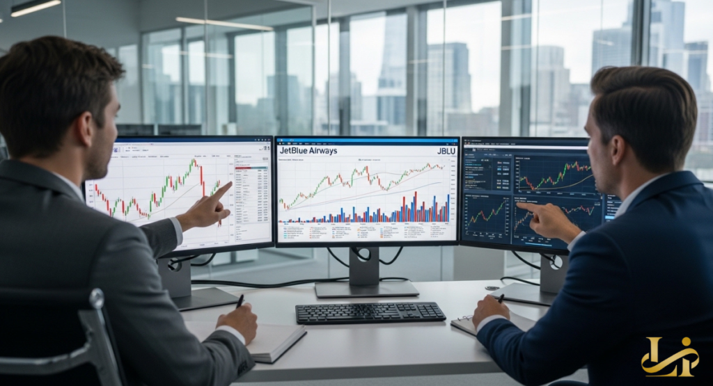 Two analysts sit at a desk with three monitors showing airline stock charts and volume bars in a bright office.
