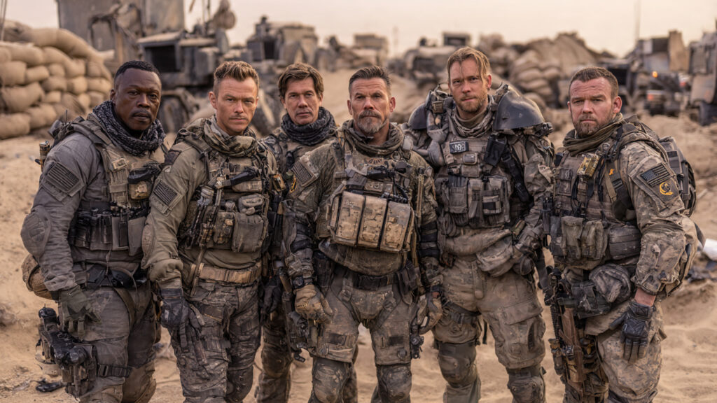 Alt: Six battle-worn soldiers stand shoulder-to-shoulder in front of sandbags and vehicles, promoting War Machine.