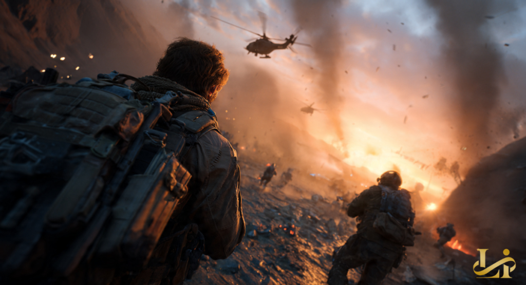 A soldier with a heavy pack watches helicopters fly through smoke and fire in a narrow canyon. Explosions light the dusk as troops advance through the debris.