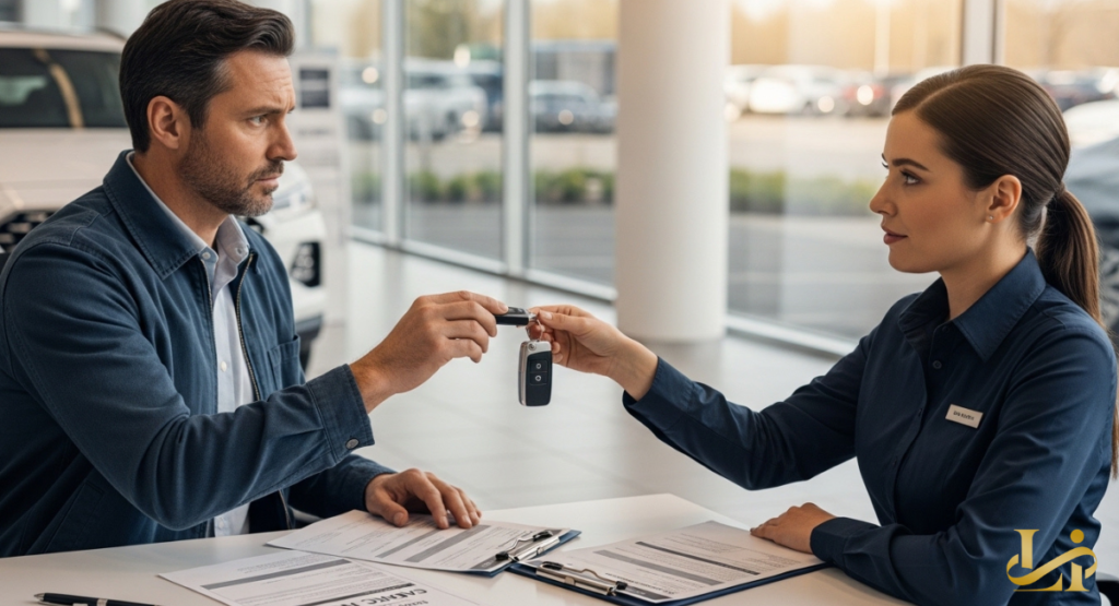 Dealership employee handing a key fob to a concerned male customer across a desk with paperwork. A white SUV is visible through showroom windows behind them.