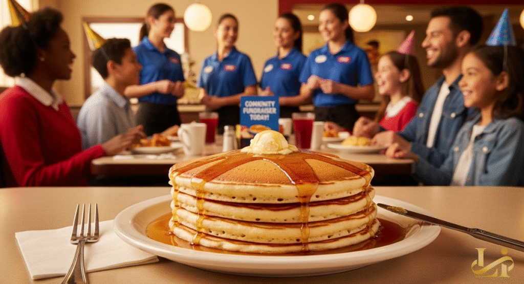 A close-up of a tall stack of golden pancakes, drenched in syrup and topped with butter. In the blurred background, happy families and staff celebrate in a restaurant setting.