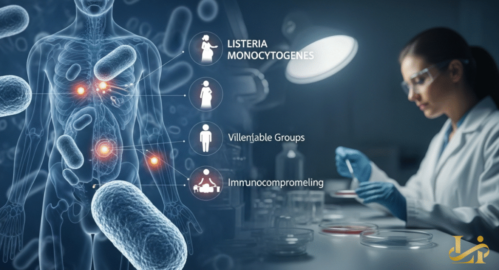 A human body diagram highlights areas affected by Listeria bacteria, alongside a scientist working in a lab. Icons denote vulnerable groups like pregnant women, babies, and immunocompromised individuals.