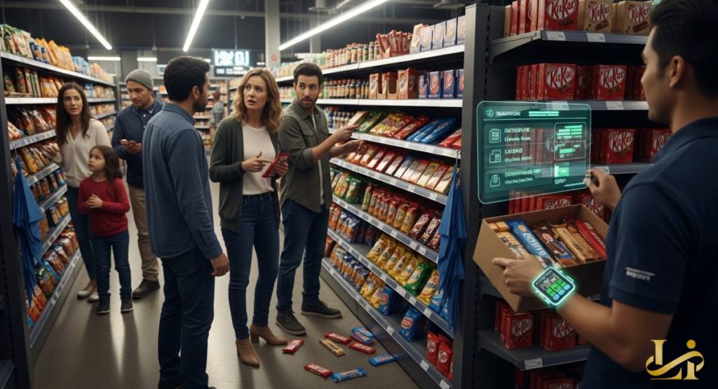 Shoppers crowd a grocery aisle while a staff member checks a digital inventory display by the shelves, with several chocolate bars scattered on the floor near restocking boxes.