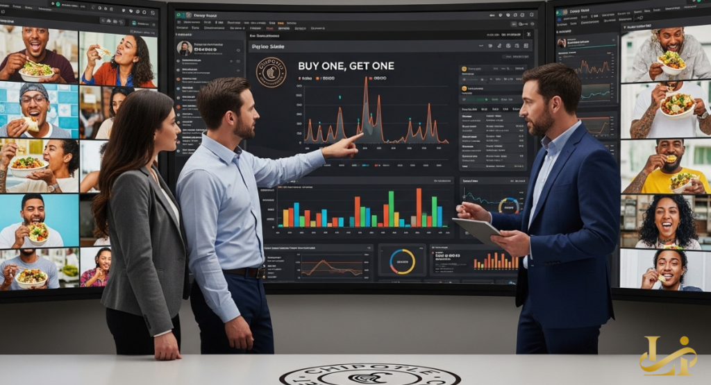 Three professionals review a dashboard labeled “BUY ONE, GET ONE” with charts. Surrounding screens show user-generated photos of people eating Chipotle.