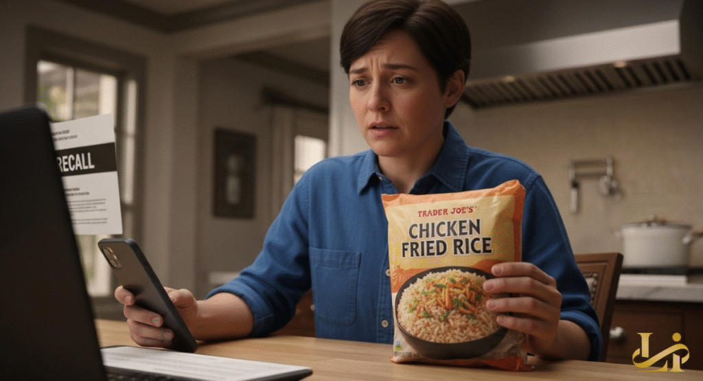 : A person with a worried expression holds a package of "Trader Joe's Chicken Fried Rice" while checking their phone. A floating "RECALL" notice is visible beside the laptop, emphasizing consumer concern.