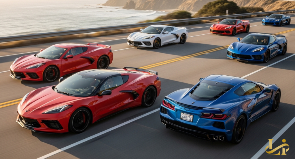 Convoy of red, white, and blue Corvettes driving on a coastal highway at golden hour. Aerial angle shows seven cars spread across lanes with the ocean beside them.