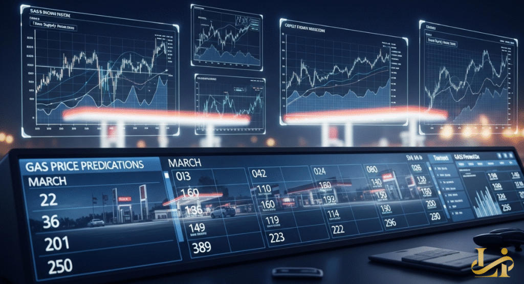 A futuristic control panel with "GAS PRICE PREDICATIONS" for March and numerous data points. Holographic screens above display various gas stations and fluctuating market graphs.