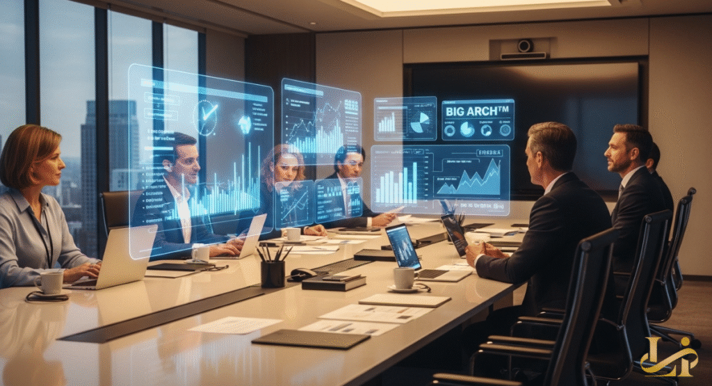 Executives in a sleek conference room analyze holographic charts and graphs projected onto the table. The data visualizes market trends, sales figures, and future strategies for McDonald's after a launch.