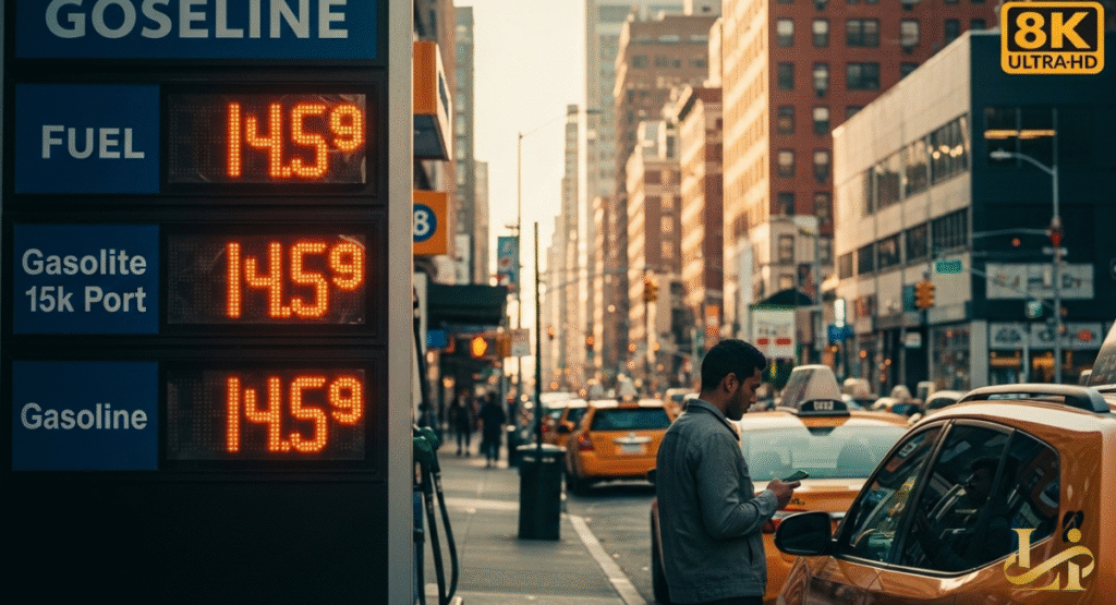 A digital sign at a "GOSOLINE" station in a bustling city displays "14.59" for various fuel types. A man checks his phone while standing next to a yellow taxi, under a bright, urban sky.