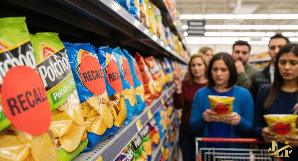 Customers in a grocery store aisle stare intently at potato chip bags with "RECALL" stickers. The consumers' worried expressions reflect concern over which products are safe to purchase.