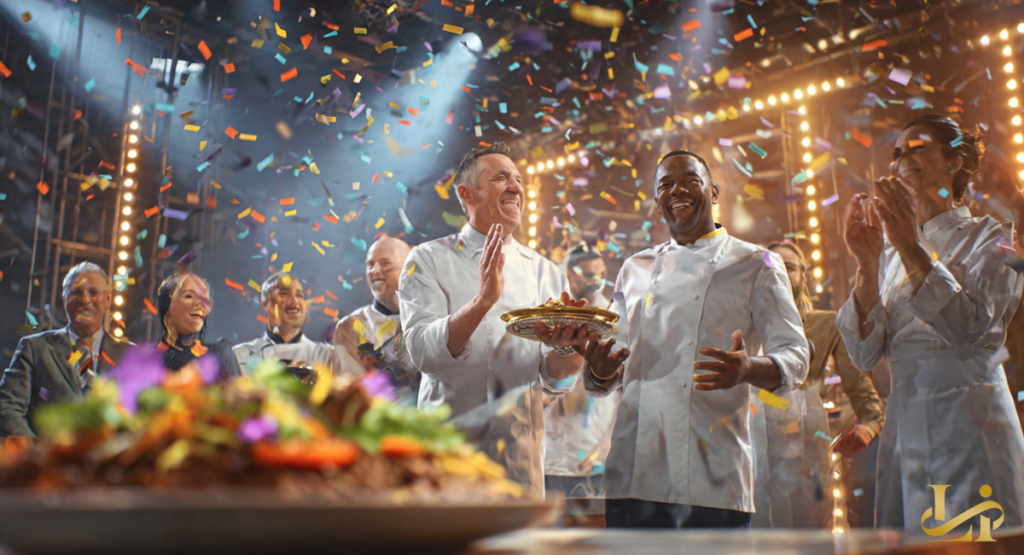 Confetti falls as a smiling chef in white holds a golden plate while others clap and cheer. Bright stage lights and a blurred plated dish in the foreground mark a celebratory moment.
