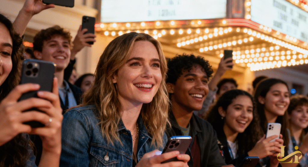 A crowd of excited fans eagerly records an event on their smartphones, cheering with joy. A woman in a denim jacket smiles brightly, reflecting the collective enthusiasm for a celebrity sighting.